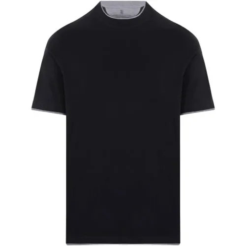 Schwarzes T-Shirt mit Grauem Besatz , Herren, Größe: L - BRUNELLO CUCINELLI - Modalova