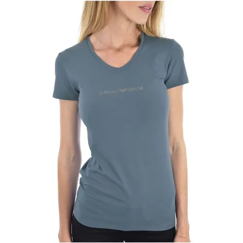 T-Shirt mit Nieten Slim Fit V-Ausschnitt , Damen, Größe: L - Emporio Armani - Modalova