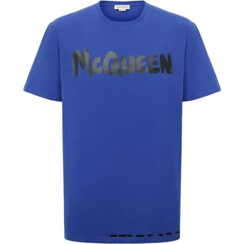 Blaues Baumwoll-T-Shirt mit Logo-Print - alexander mcqueen - Modalova