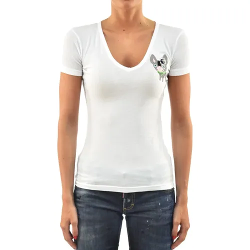 Multicolor Leder V-Ausschnitt Damen T-Shirt mit Swarovski-Details - Dsquared2 - Modalova