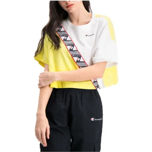 Yellow and white short sleeve cropped top , female, Sizes: S - Champion - Modalova