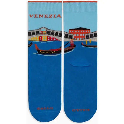 Kurze Baumwollsocken für Damen, hellblau mit Ponte Vecchio in Venedig Muster - Gallo - Modalova