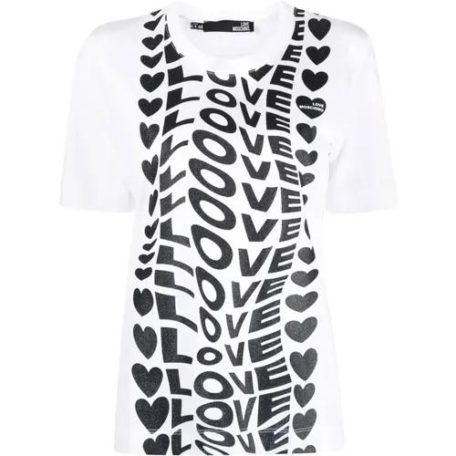 Weißes Logo-Print T-Shirt , Damen, Größe: 2XS - Love Moschino - Modalova