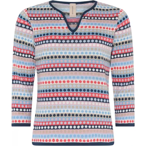 Gepunktete 3/4 Ärmel Pullover Bluse Blau/Rosa , Damen, Größe: L - Skovhuus - Modalova