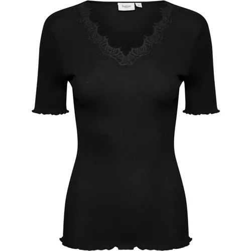 Feminines T-Shirt mit Spitze in Schwarz , Damen, Größe: M - Saint Tropez - Modalova