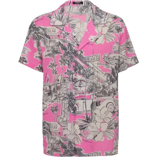 Kurzarm Seidenpyjama-Shirt mit Miami-Print - Balmain - Modalova