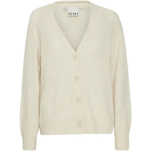 Beiger Fuzzy Strick V-Ausschnitt Cardigan , Damen, Größe: L - Ichi - Modalova