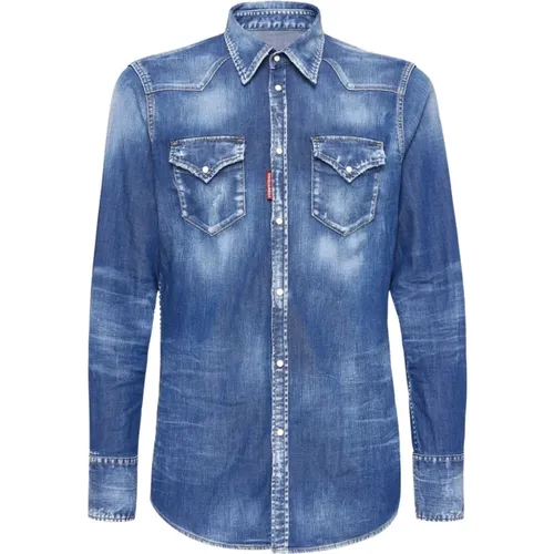 Stonewashed Denim Hemd Blau , Herren, Größe: M - Dsquared2 - Modalova