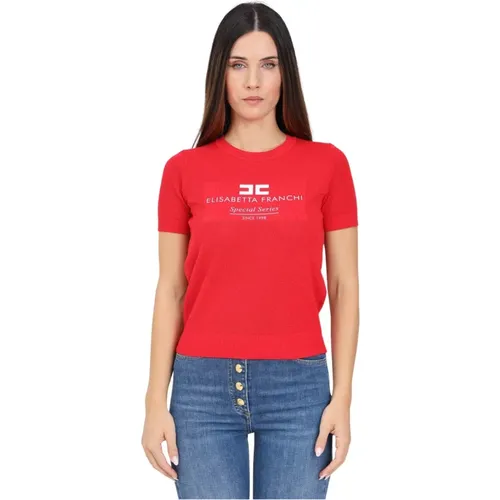 Rotes T-Shirt mit Logo,Kurzarm-Viskosepullover - Elisabetta Franchi - Modalova