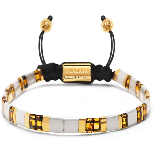 Men's Bracelet with White, Marbled Amber and Gold Miyuki Tila Beads , Herren, Größe: XL - Nialaya - Modalova