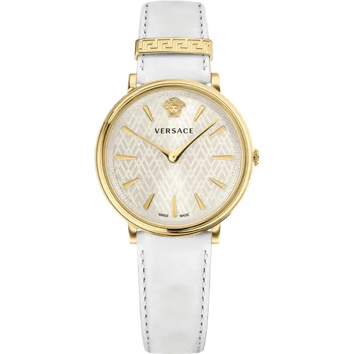 Weißes Zifferblatt Leder Gold Stahl Uhr - Versace - Modalova