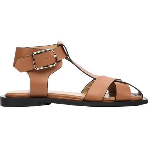 Damen Braune Leder Flache Sandalen Er00112878 - Estro - Modalova