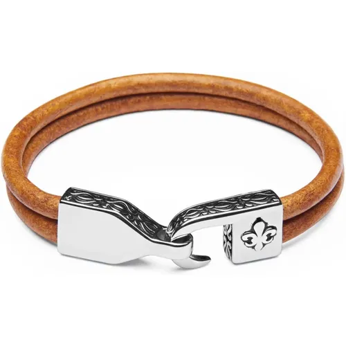 Men's Brown Leather Bracelet with Silver Fleur De Lis Lock , Herren, Größe: 2XL - Nialaya - Modalova