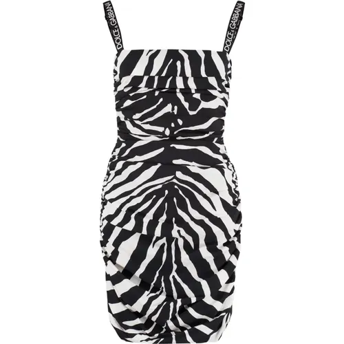 Printed Crepe Dress with Contrast Logo Detail , female, Sizes: S, XS, 2XS - Dolce & Gabbana - Modalova
