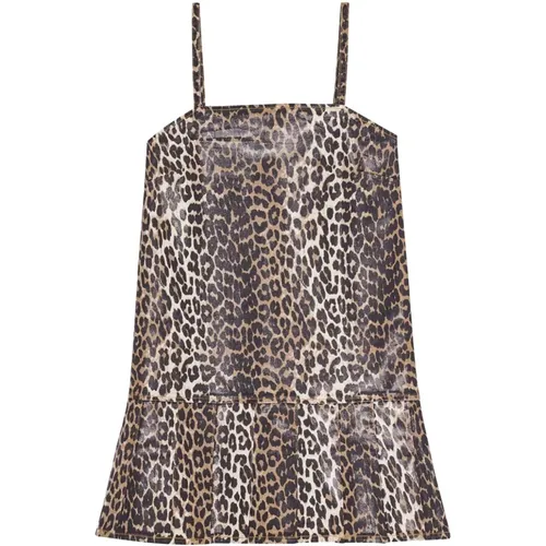 Leopard Foil Print Denim Strap Dress , Damen, Größe: 2XS - Ganni - Modalova