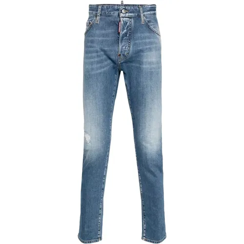 Blaue Denim Jeans mit Kontrastnähten und Abgenutzten Details , Herren, Größe: M - Dsquared2 - Modalova
