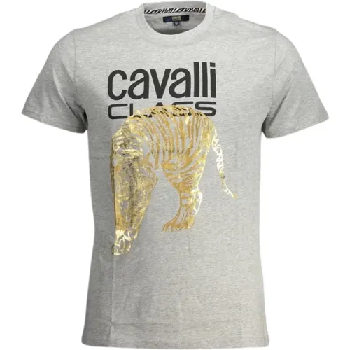 Graues Baumwoll T-Shirt mit Logo-Druck , Herren, Größe: XL - Cavalli Class - Modalova