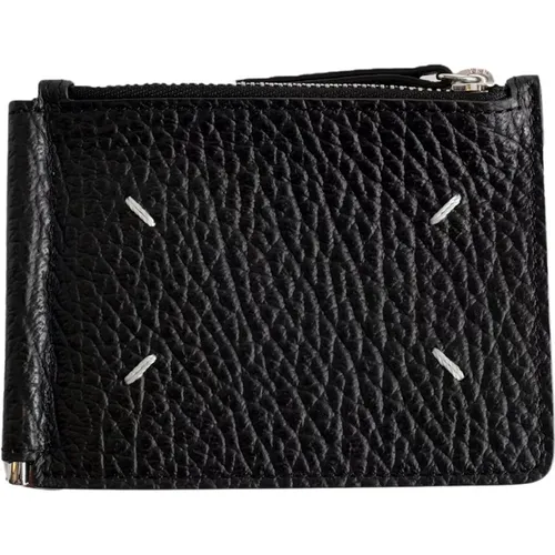 Schwarze körnige Lederbrieftasche mit 3 Kartenfächern - Maison Margiela - Modalova