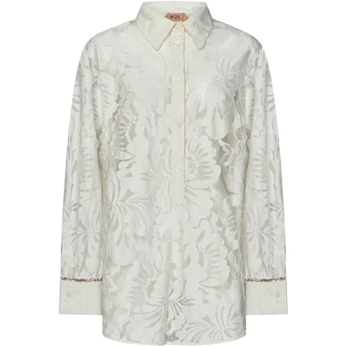 Weiße Oversize Bluse mit Kristallverzierten Manschetten , Damen, Größe: M - N21 - Modalova
