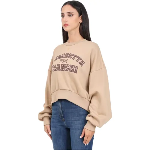 Brauner Crew Neck Sweatshirt mit Logo-Stickerei , Damen, Größe: L - Elisabetta Franchi - Modalova