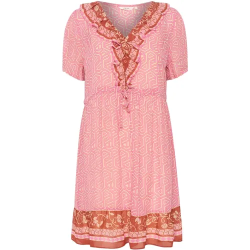 Geometric Print Dress with Flounce Details , female, Sizes: XL - Cream - Modalova