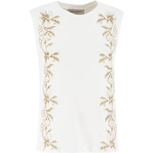 Floral Embroidered Sleeveless Cotton T-Shirt , female, Sizes: L, S - Ermanno Scervino - Modalova