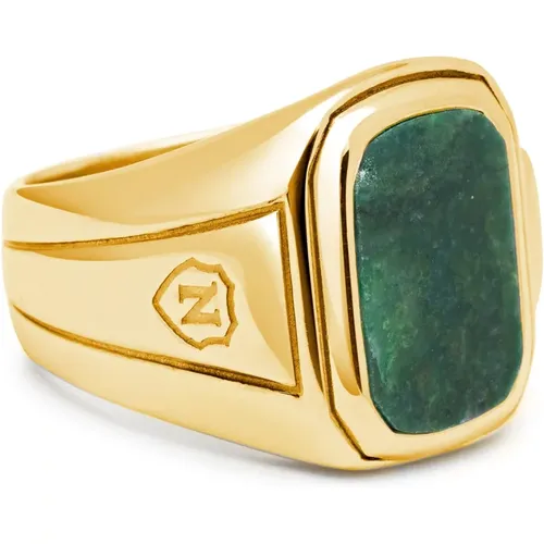 Gold Plated Green Jade Signet Ring , male, Sizes: 58 MM, 56 MM, 60 MM, 62 MM, 64 MM - Nialaya - Modalova