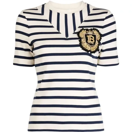 Striped Logo T-shirt , female, Sizes: S - Balmain - Modalova