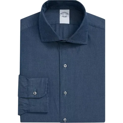 Blaues Slim Fit Chambray Baumwollhemd mit englischem Spreizkragen , Herren, Größe: L - Brooks Brothers - Modalova