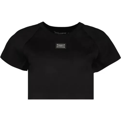 Kurzarm Logo Plaque T-Shirt , Damen, Größe: M - Dolce & Gabbana - Modalova