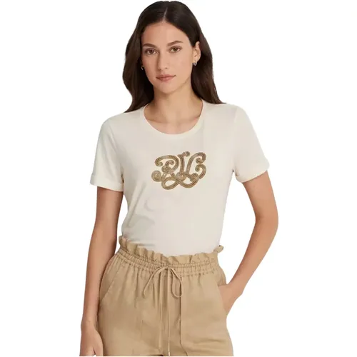 Cremefarbenes T-Shirt mit Logo , Damen, Größe: M - Ralph Lauren - Modalova