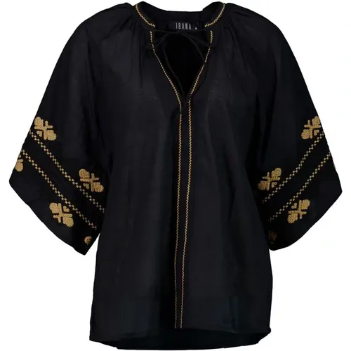 Elegante Schwarze Bestickte Bluse mit V-Ausschnitt , Damen, Größe: L - Ibana - Modalova