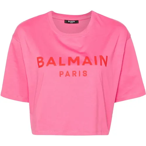 Rosa Logo Print T-shirts und Polos , Damen, Größe: XS - Balmain - Modalova