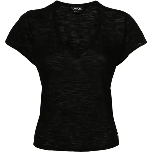 Schwarzes Halbtransparentes T-Shirt mit Gold-Logo , Damen, Größe: 3XS - Tom Ford - Modalova