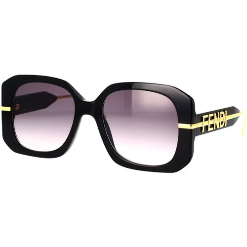 Glamouröse quadratische Sonnenbrille mit schwarzem Acetatrahmen und goldfarbenem Metall , unisex, Größe: 55 MM - Fendi - Modalova