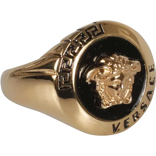 Stilvoller Medusa-Plaque Gold-Schwarzer Ring , Herren, Größe: 60 MM - Versace - Modalova