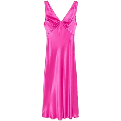 Fuchsia V-Ausschnitt Kleid , Damen, Größe: M - RIXO - Modalova