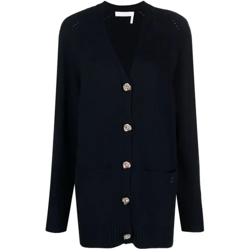 Oversize Cashmere and Wool Cardigan with Metal Button Detail , female, Sizes: S - Chloé - Modalova