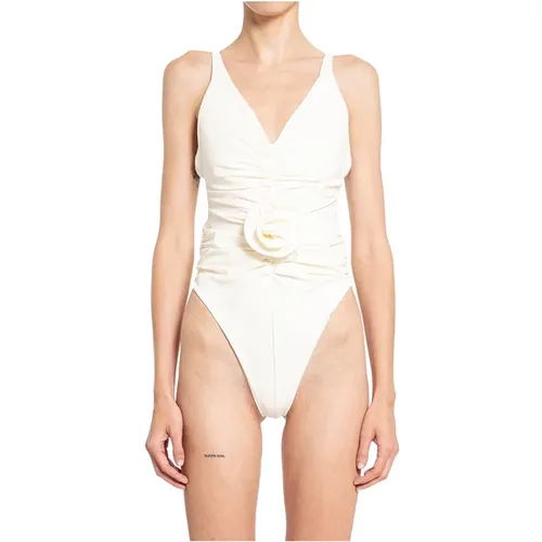 Cream V-Neck Swimsuit with Flower Appliqué , female, Sizes: XS, M - Magda Butrym - Modalova