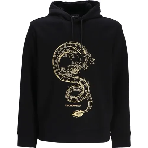 Schwarzer Hoodie mit goldener Drachenstickerei , Herren, Größe: XL - Emporio Armani - Modalova