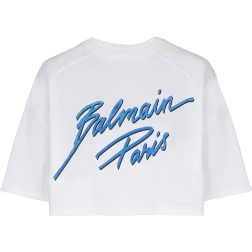 Kurzes T-Shirt mit beflocktem Lettre-Motiv , Damen, Größe: L - Balmain - Modalova