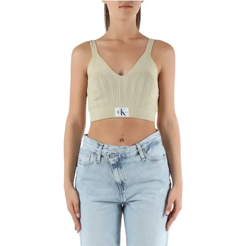 Ribbed V-neck top in lyocell blend , female, Sizes: S, M, L, XS - Calvin Klein Jeans - Modalova