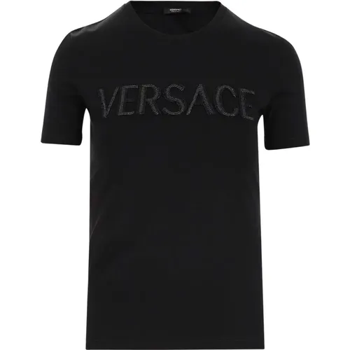 Schwarzes Baumwoll-Logo T-Shirt - Versace - Modalova