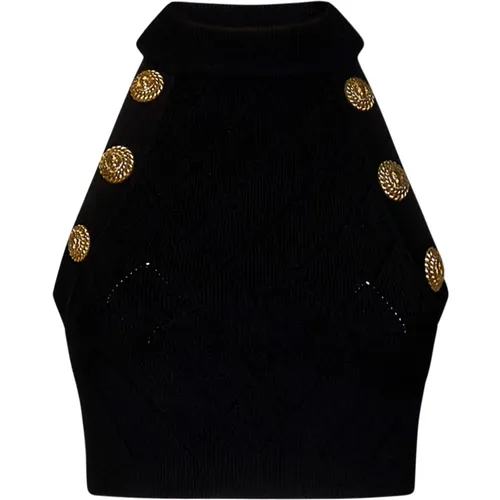 Ribbed Knit Top with Gold Buttons , female, Sizes: M - Balmain - Modalova