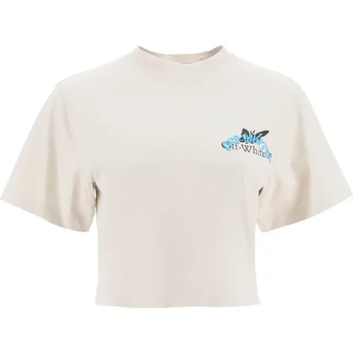 Cropped Butterfly T-Shirt mit Logo-Print , Damen, Größe: L - Off White - Modalova