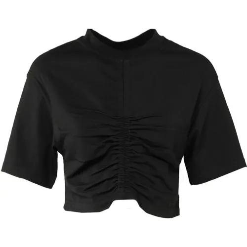 Schwarzes Gerüschtes Baumwoll-T-Shirt , Damen, Größe: L - Semicouture - Modalova