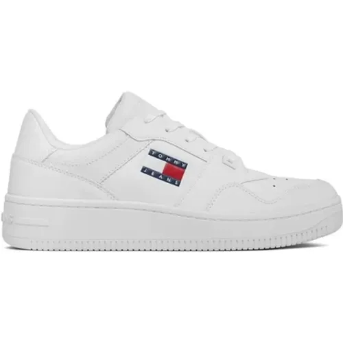 Weiße Lederbedruckte Sneaker Gummisohle , Herren, Größe: 43 EU - Tommy Hilfiger - Modalova