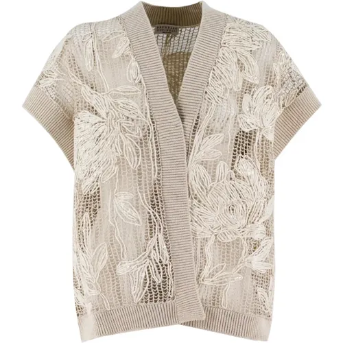 Floral Embroidered Short-Sleeved Cardigan , female, Sizes: M - BRUNELLO CUCINELLI - Modalova