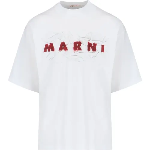 Weißes T-Shirt mit rotem Logo - Marni - Modalova