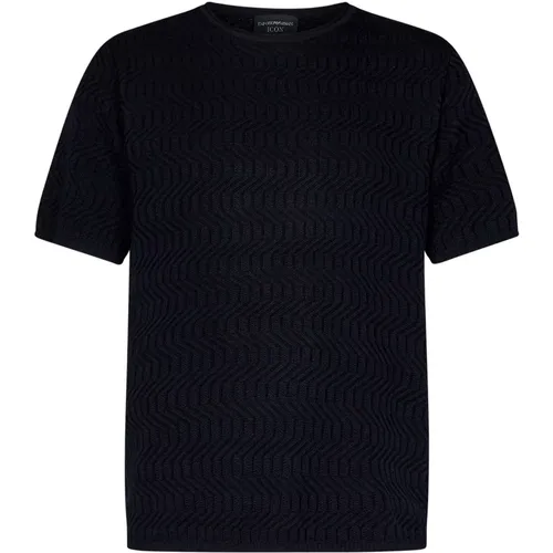 Blauer Crewneck Pullover Jacquard Strick , Herren, Größe: L - Emporio Armani - Modalova